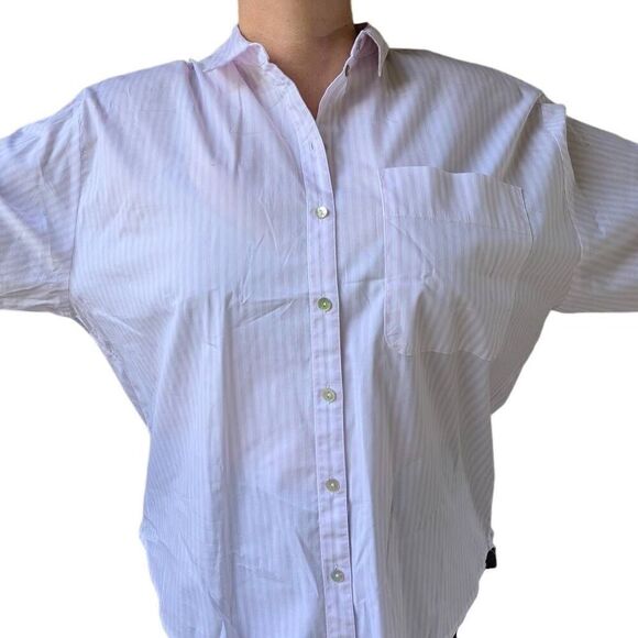 H&M Light Pink White Striped Button Down Shirt Collar Pocket Relaxed Women Sz L - Picture 4 of 5
